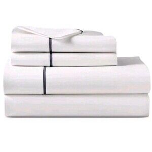 NEW Ralph Lauren Palmer Percale Org Cotton Queen Flat Sheet White Navy 96x108in